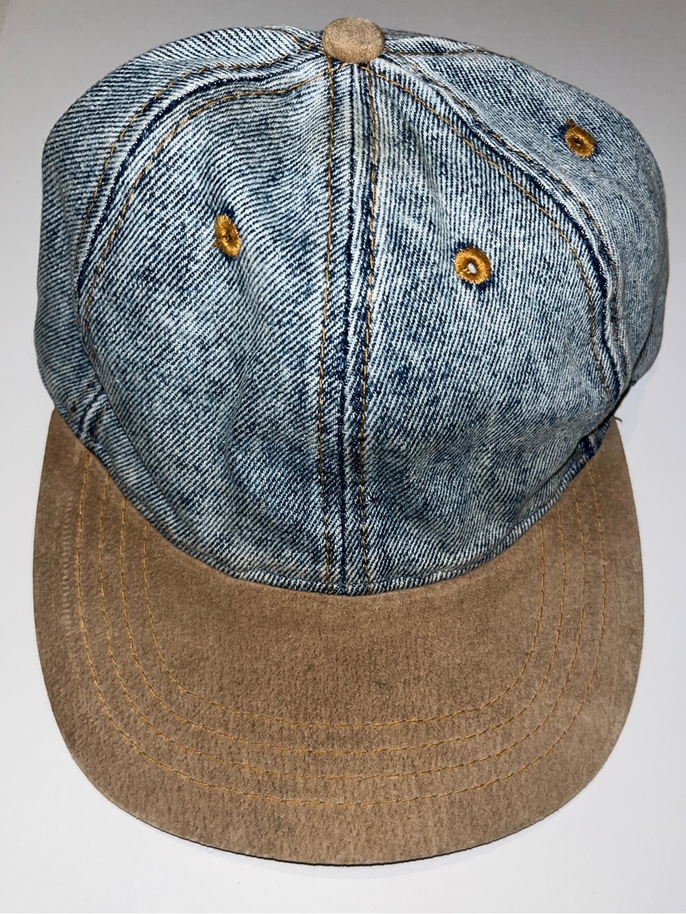 Vintage Stone Washed Denim and Suede Two-Tone Baseball Cap - Light Blue and Tan